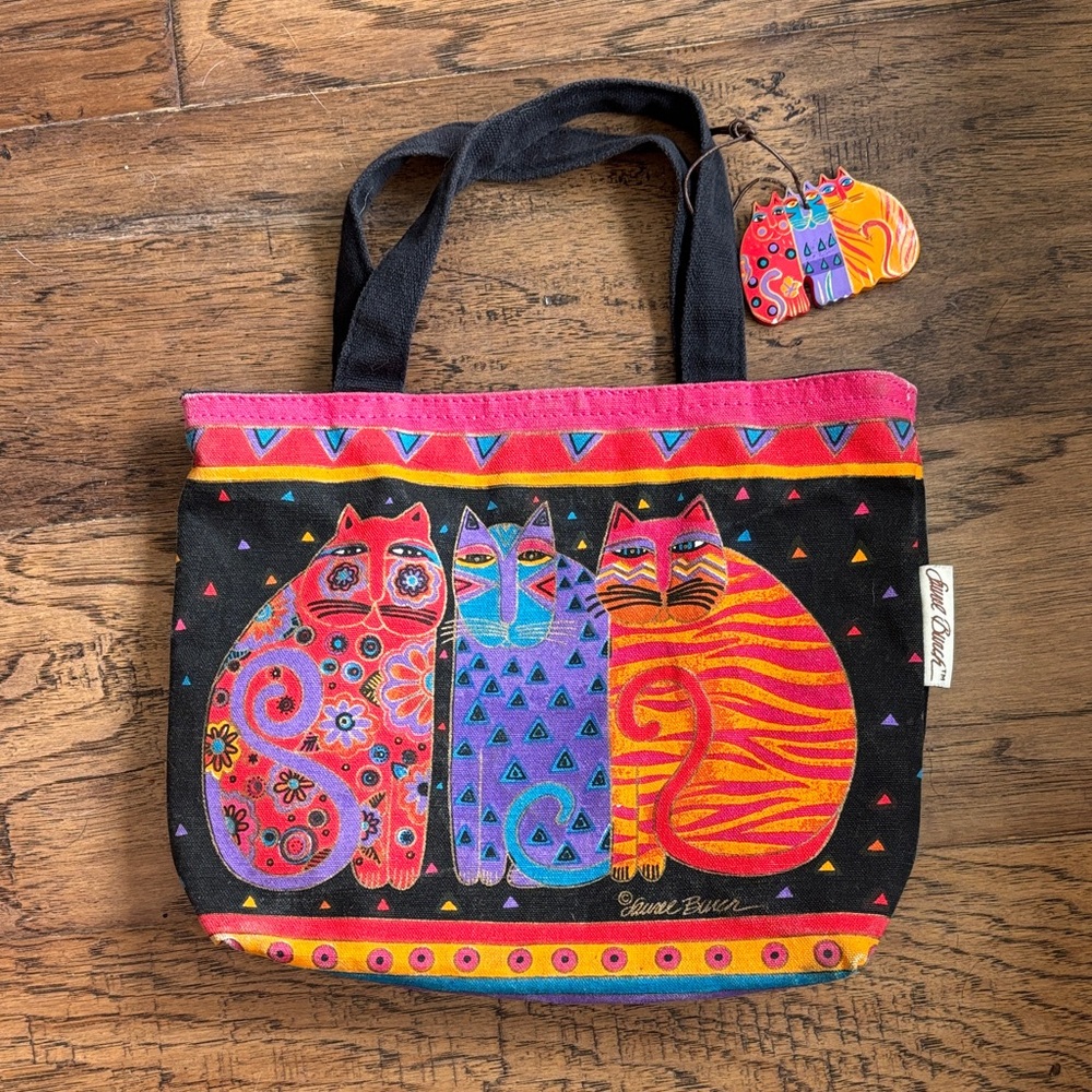 Laurel Burch Black Tote with Pink, Purple & Orange Cat Trio